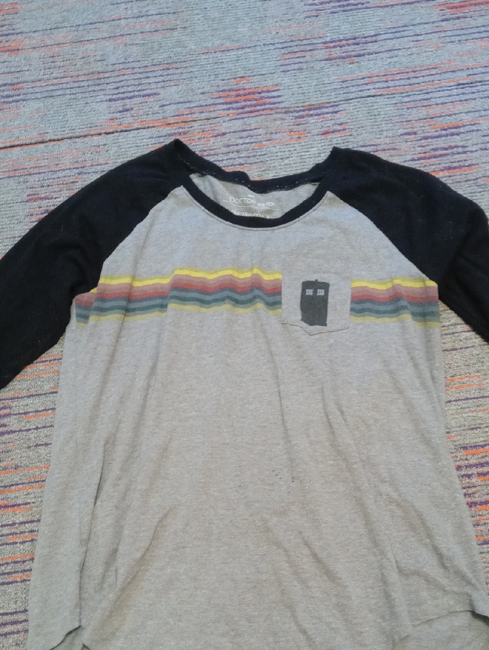 Her Universe Grey and Black Raglan Tee with Rainbow Chest Stripes